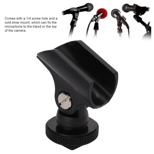 Universal Microphone Clip Holder, Plastic Microphone Clip Stand with Hot Shoe and 1/4" Screw Hole, 180 Rotation, for 0.8" Diameter Handheld Microphon