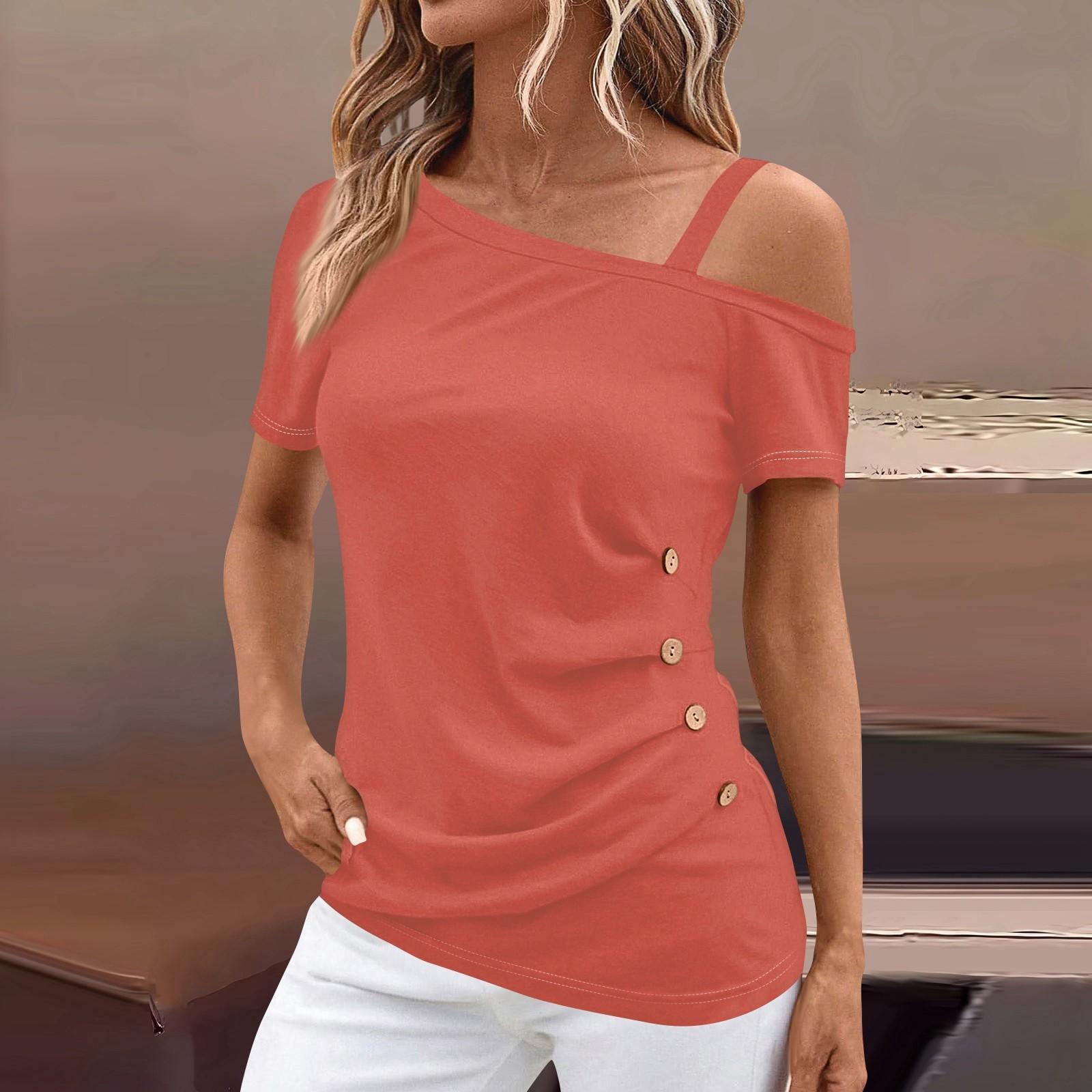 

Женские топы с открытыми плечами, плиссированные однотонные футболки с асимметричным вырезом и короткими рукавами L коричневый