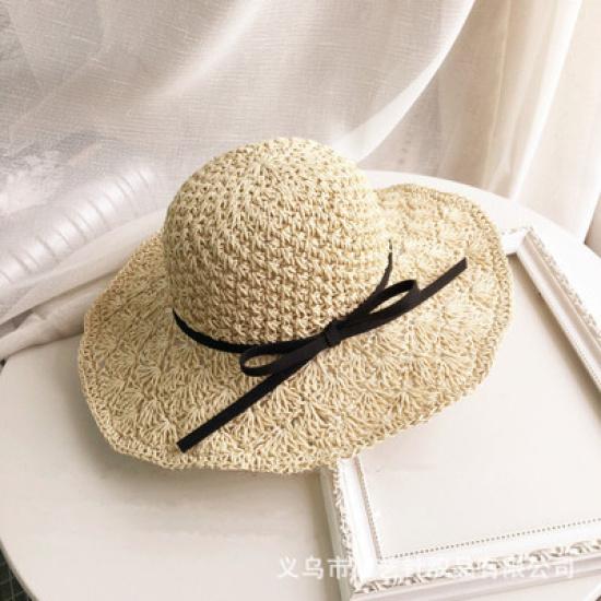Korean-style Large-brimmed Handmade Woven Straw Hat for Women, Summer Vacation Sun Protection Hat with Bow, Beach Sun Hat, Foldable