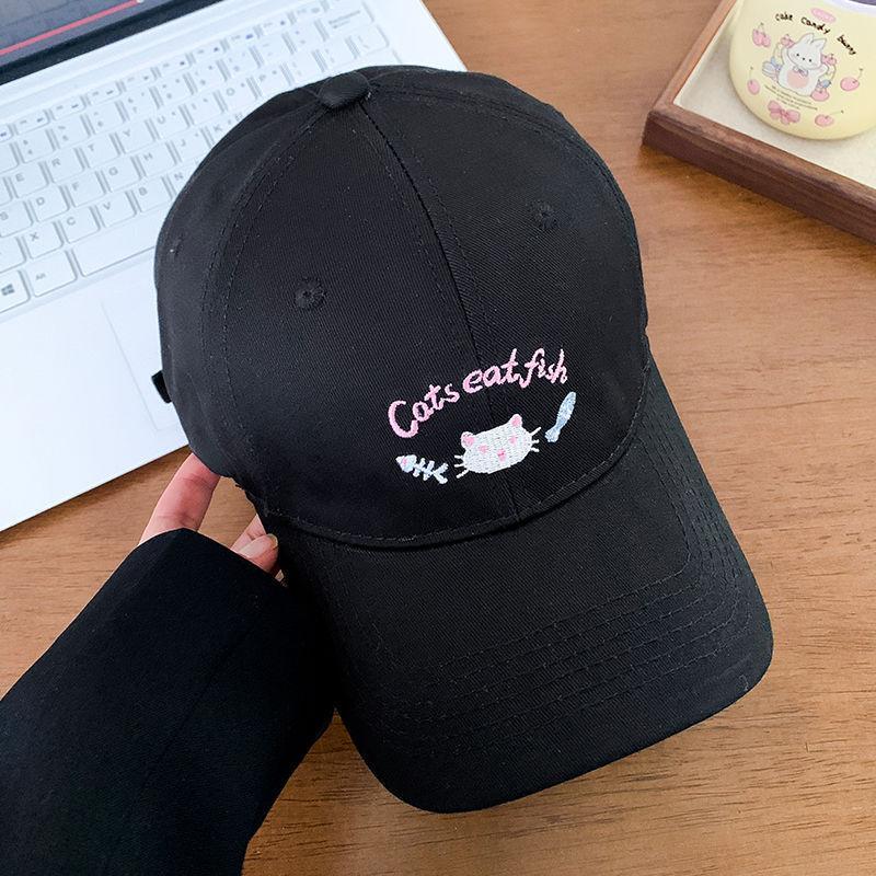

Cute kitten embroidered baseball cap women s spring and summer big head circumference showing face small cap new high-end hat adjustable чёрный
