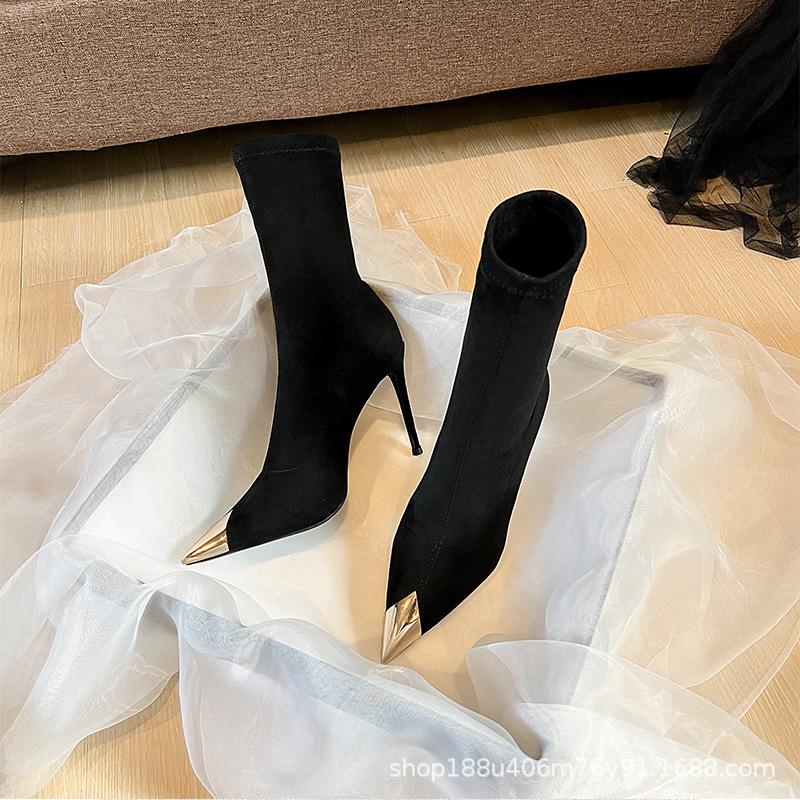 [Spot] Black pointed thin heel high heel short boots women's autumn and winter new elastic thin boots medium tube socks boots single boots