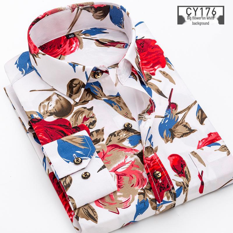 Camisa Nova Masculina Slim Fit Xadrez e Floral Manga Comprida - Moda Casual Coreana