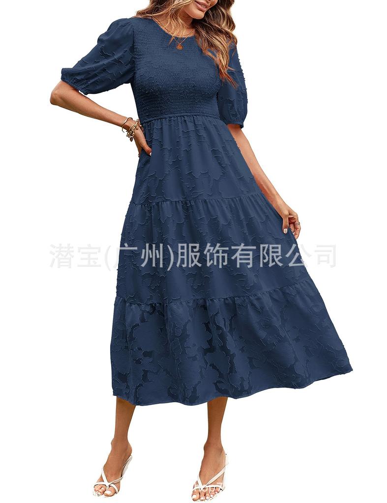 Spot new European and American women's clothing lace short sleeves front and rear collection waist crew neck dress women