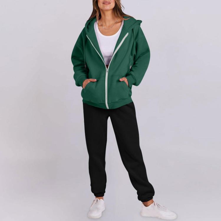 Dames Trainingspak Set Met Capuchon Lange Mouwen Effen Kleur Rits Elastische Taille Losse Mode