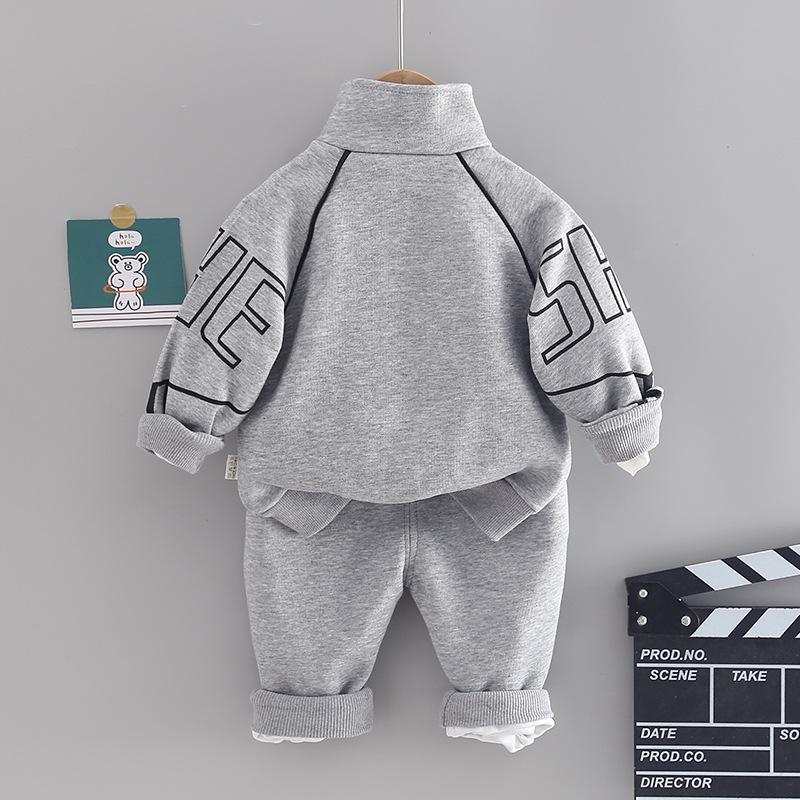 Boys' Autumn Long Sleeve Letter Print Stand Collar Two-Piece Set for Toddlers and Kids - Fashionable and Trendy