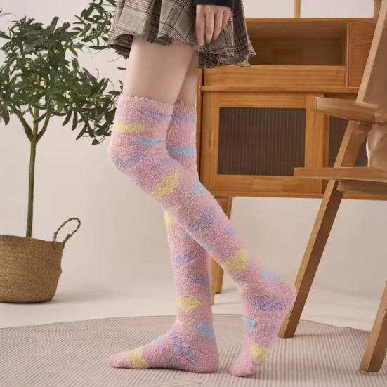 Women Long Floor Socks Soft Fluffy Over Knee Socks Colorful Warm Thick Thigh High Socks for Home Indoor Wear Bedroom Sleeping