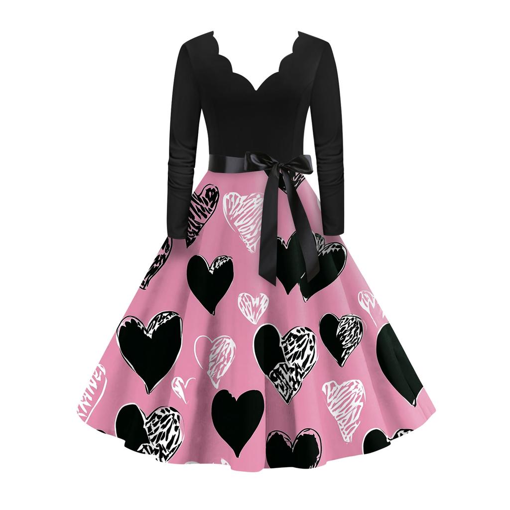 Women's stylish and elegant long,sleeved V,neck heart,shaped dress for Valentine's Day