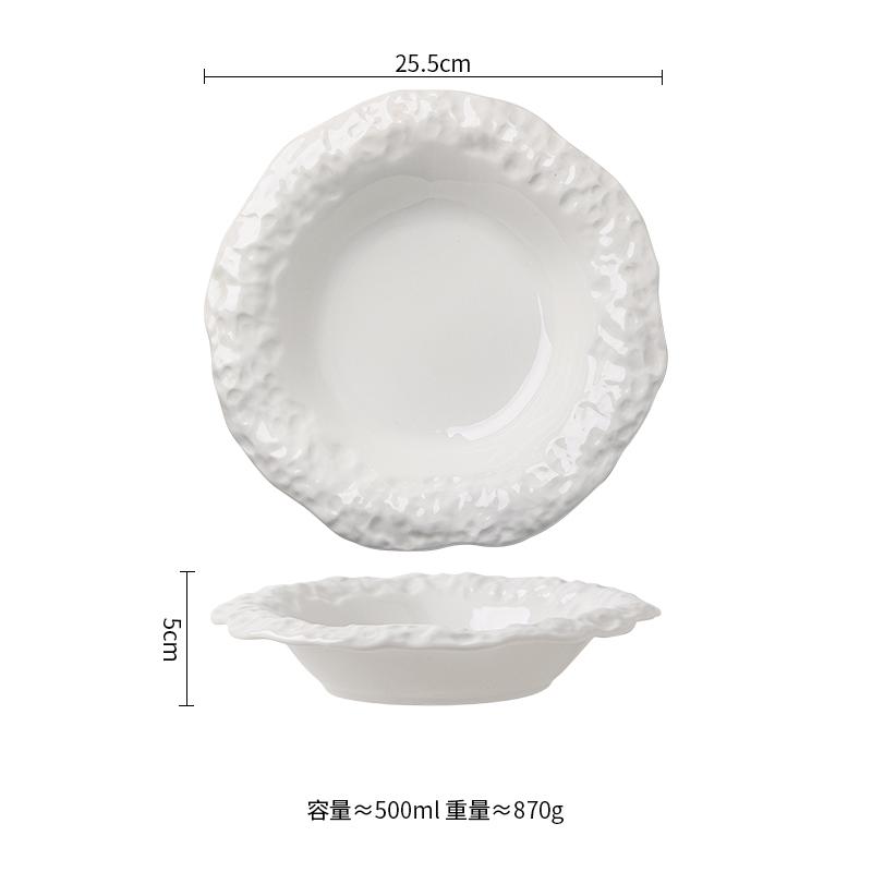 Creative Stone Pattern Edge Ceramic Plate Pure White Salad Plate Dessert Plate Thick Soup Plates Deep Plates Hotel Tableware