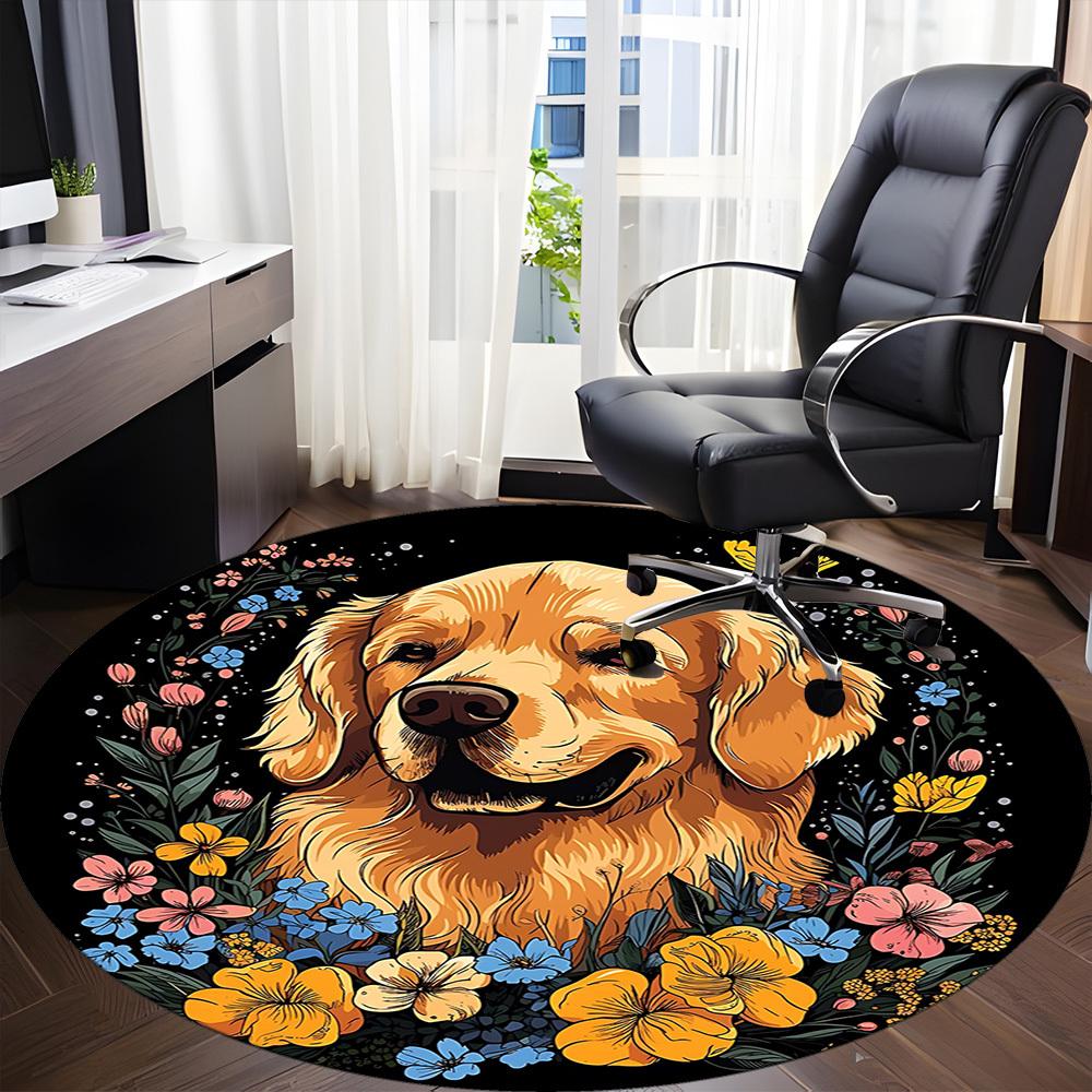 1pc Dog Floral Wreath Chair Carpet for Office, Round Non Slip Durable Large Size Office Carpet, Suitable for Office