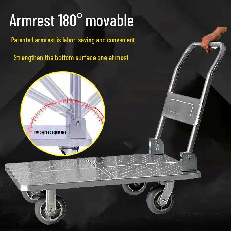 Lightweight Folding Flatbed Hand Truck - Silent, Thickened Steel Plate, 4-Wheel Trolley for Household Use