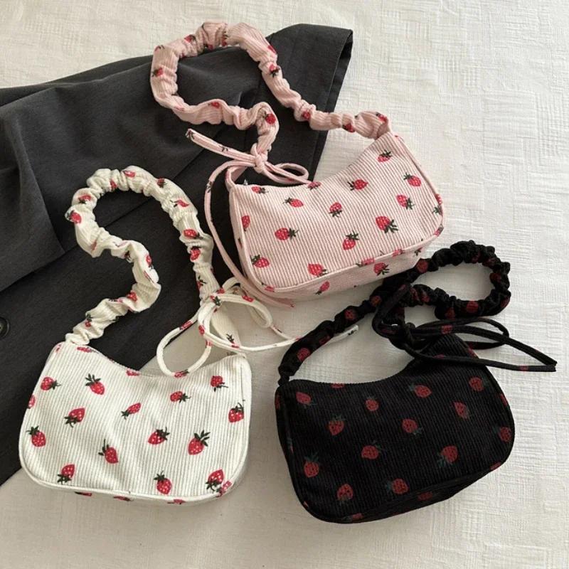 Corduroy Sweet Strawberry Crossbody Bag Cute Small Underarm Bag Fashion Trendy Zipper Handbag Mini Shoulder Bags Tote