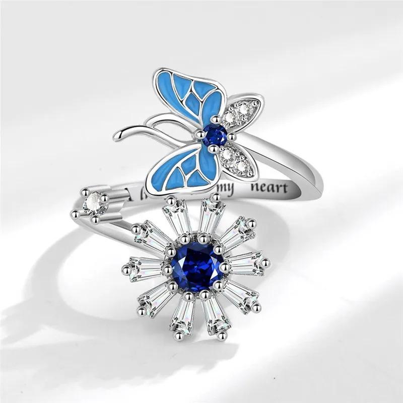 2024 Fashion Beads Anxiety Ring Fidget Spinner Rings Korea Crystal Butterfly Flower Star Moon Ring Anti Stress Jewelry Gift