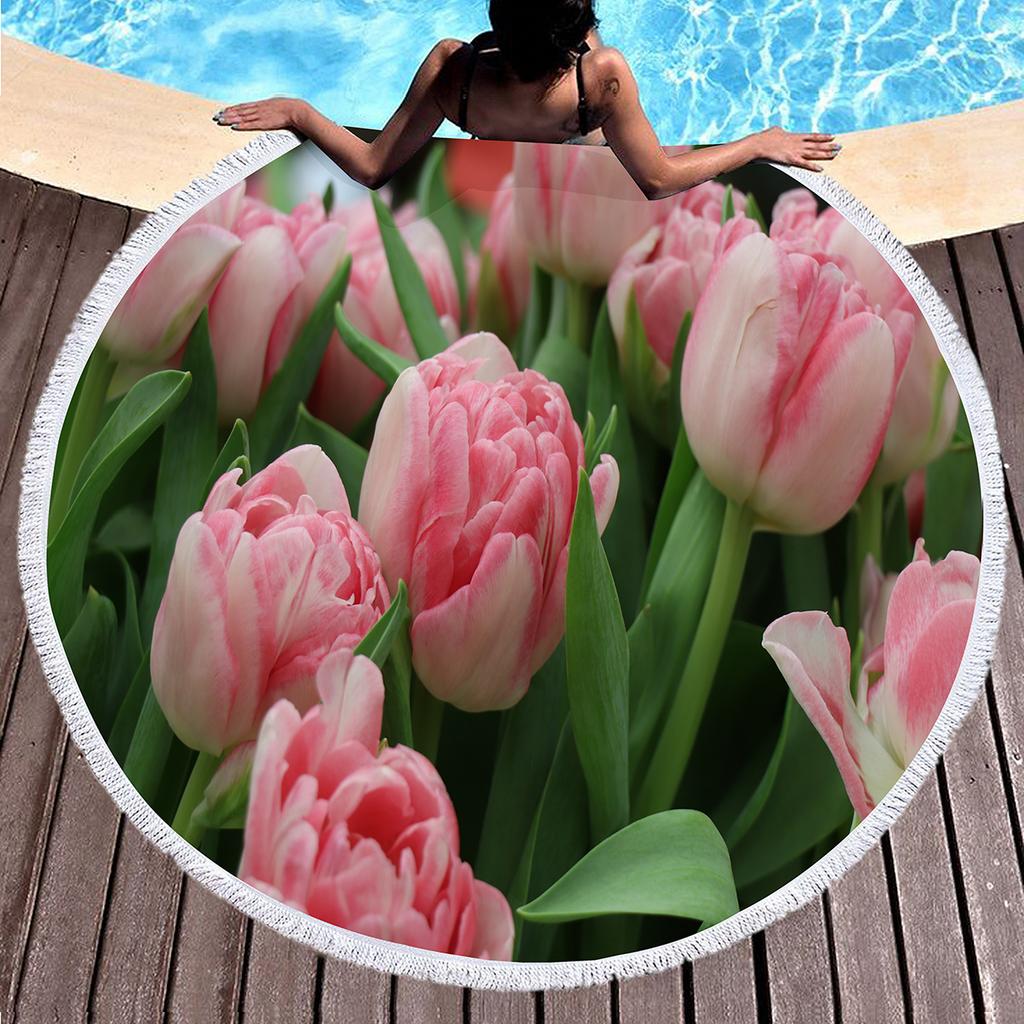 Round Beach Towel Flower Tulip Microfiber Beach Towels Quick Dry Super Absorbent Pool Towels Sand Free Beach Blanket for Pool