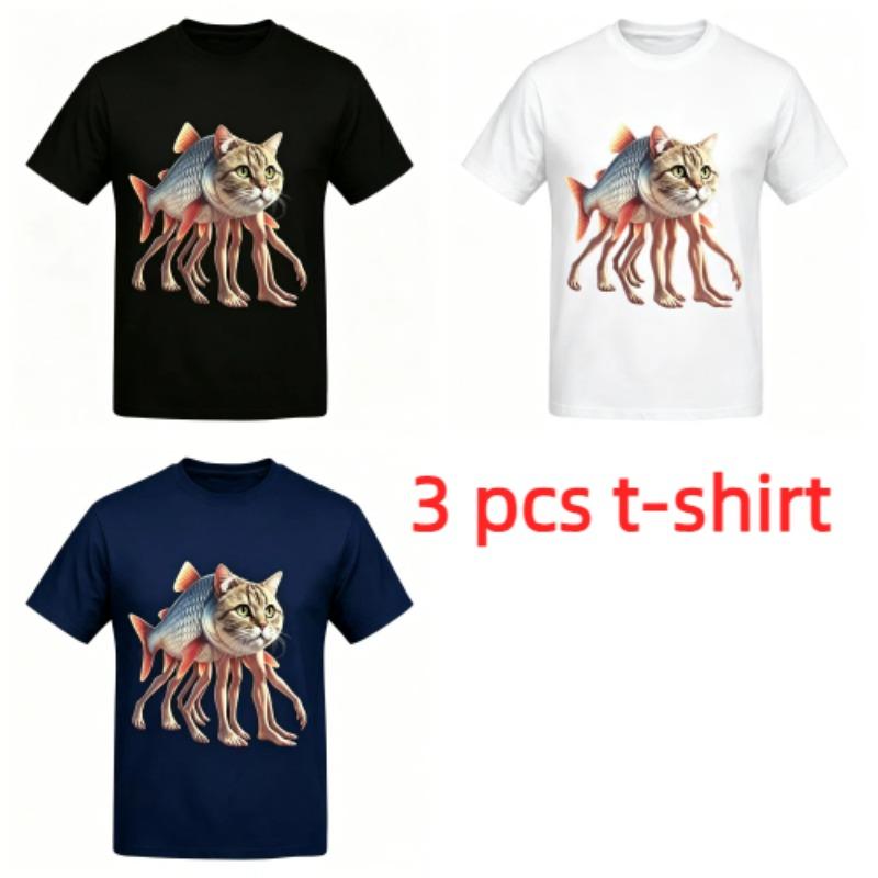Funny Cartoon Fish Cat Monster Print Kids T-Shirts Summer Fashion Street Outdoor Casual T-shirt Tops for Boy and Girl's Tees Top