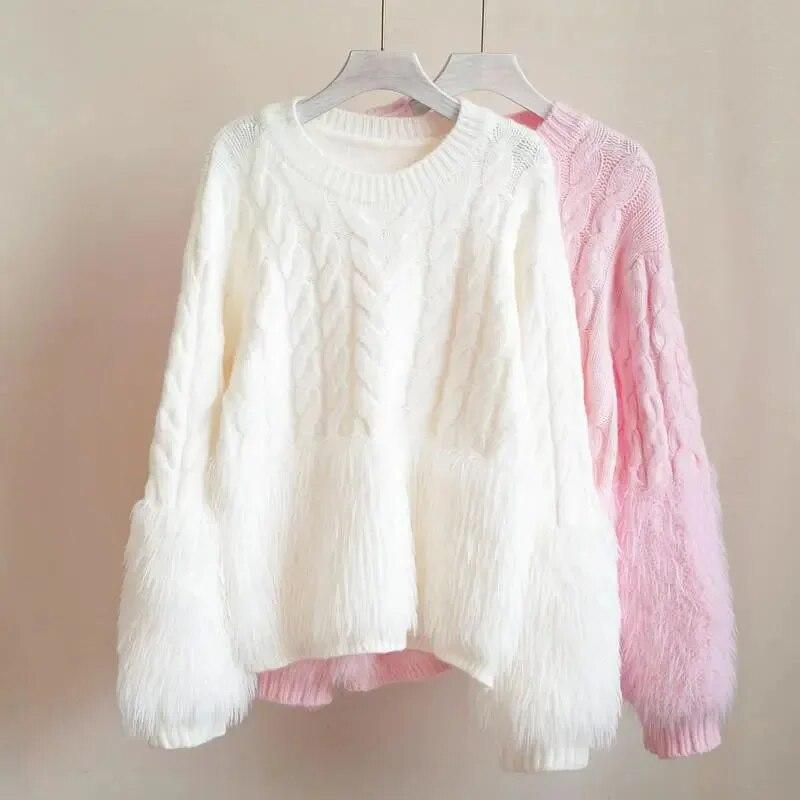Pink Tassel Women's Sweater Short Sweet Knit Fried Dough Twist Pullover Loose Pull Jumper Thicken Keep Warm Long Sleeve Top Autumn Winter
