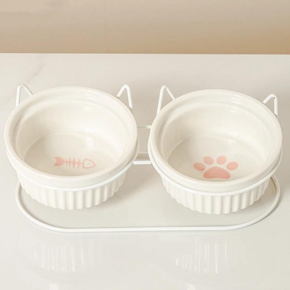 Non-Slip Ceramic Cat Bowls Iron Bracket Cat Water Bowls Elevated Cat Double Bowls  Dog Feeder