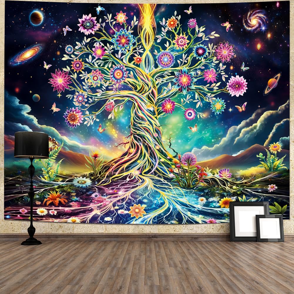 Ameyahud Blacklight Tree of Life Tapestry UV Reactive Neon Tree Tapestry Galaxy Space Tapestries Flower Floral Aesthetic Tapestries Fantasy Forest