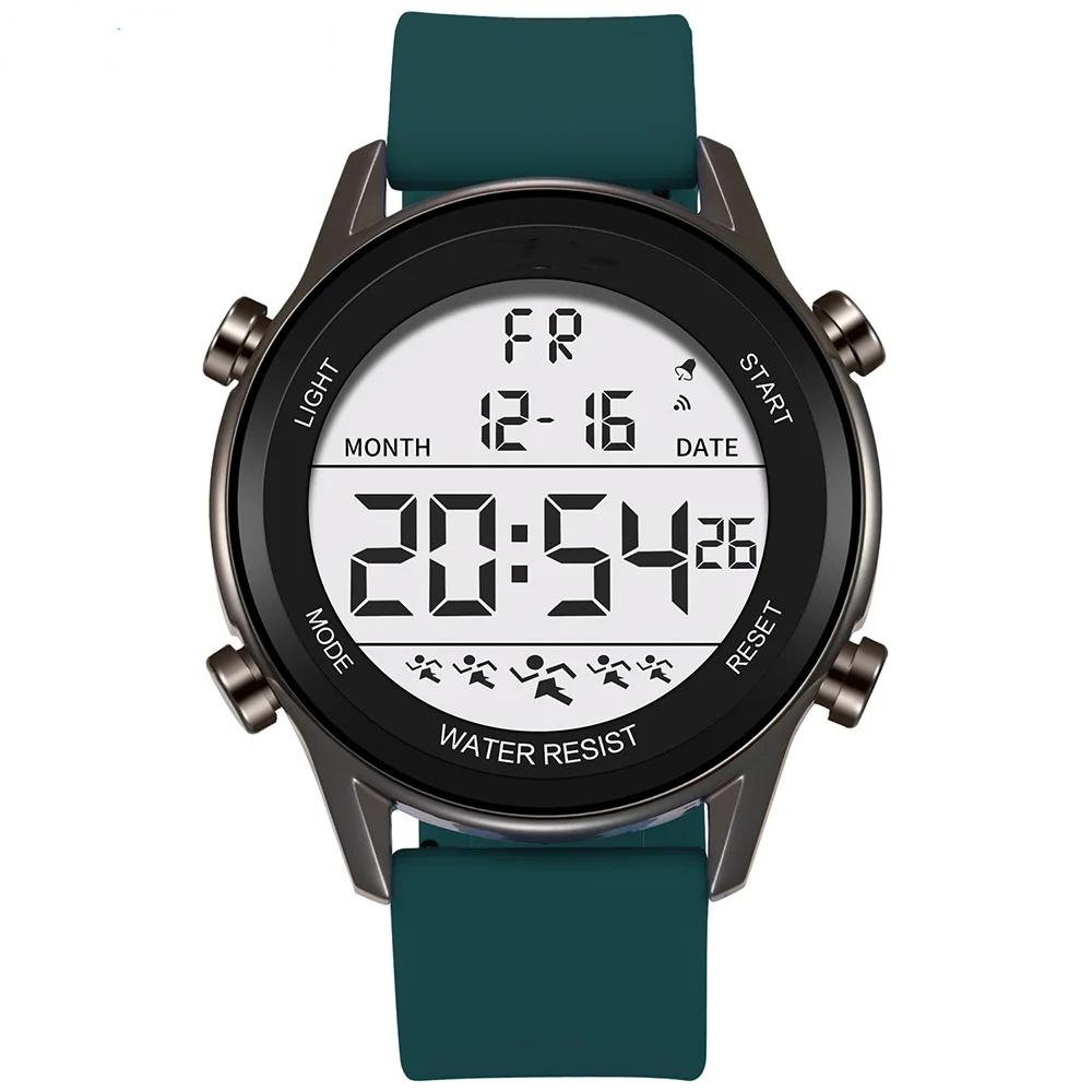 

Мужские спортивные часы на открытом воздухе, многофункциональные водонепроницаемые часы с большим экраном, светящиеся светодиодные цифровые силиконовые часы зелёный