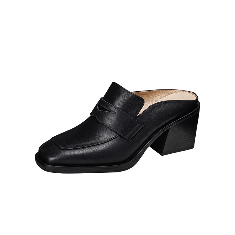 Fashion 2025 Spring Genuine Leather Shoes Women Slippers High Heels High Square Toe Mules Ladies Office Dress Shoes Slides Women Pumps