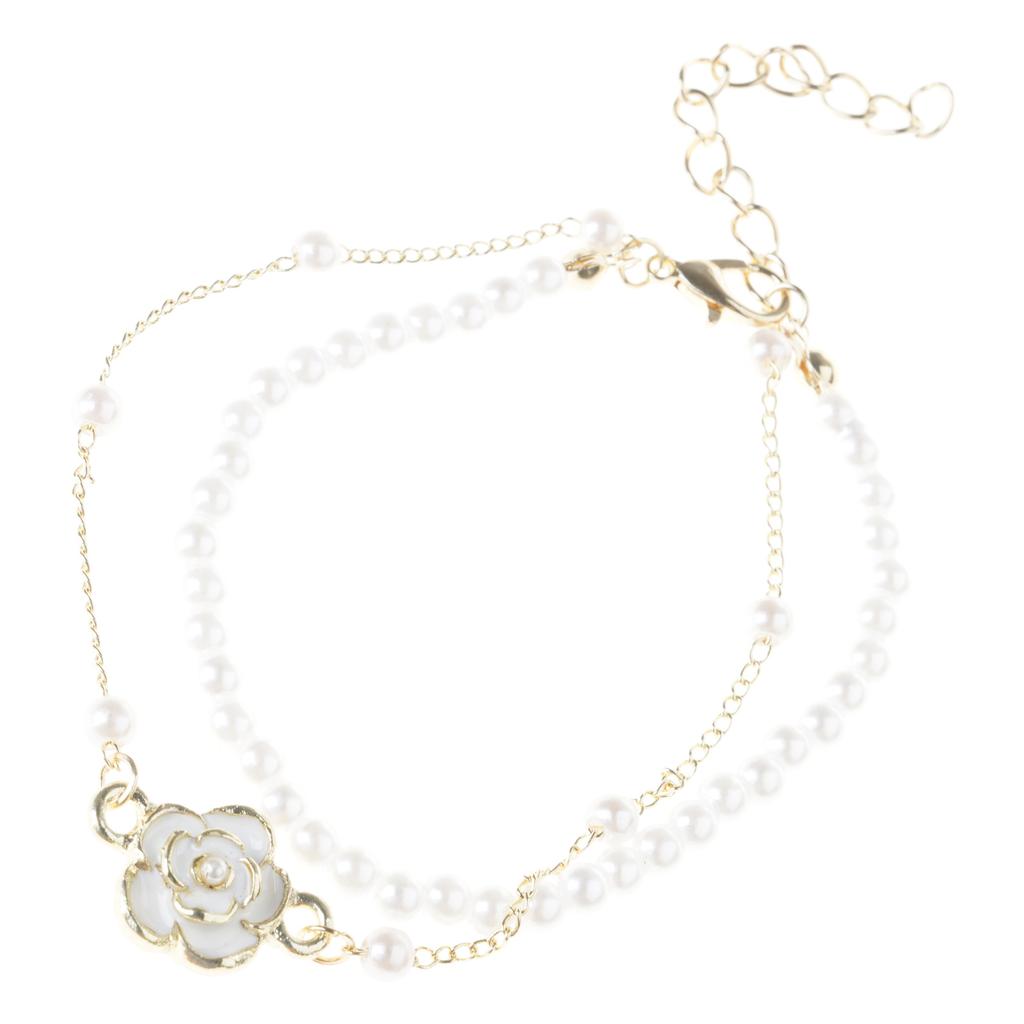 Elegant Double Layer Camellia Bracelet with Simulated Pearls Women Fashion Wrist Jewelry Perfect for Matching Any Outfit
