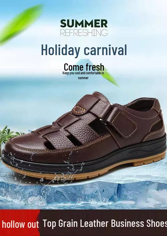 Men's Genuine Leather Breathable Summer Sandals - Large Size, Closed Toe, Perforated Cowhide Beach Shoes