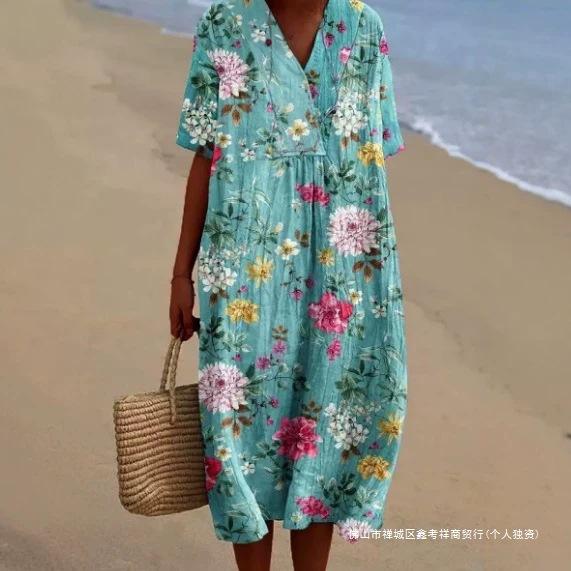 New Imitation Cotton Large Size Women's Shirt Short Sleeve Dress Ocean Vacation Company