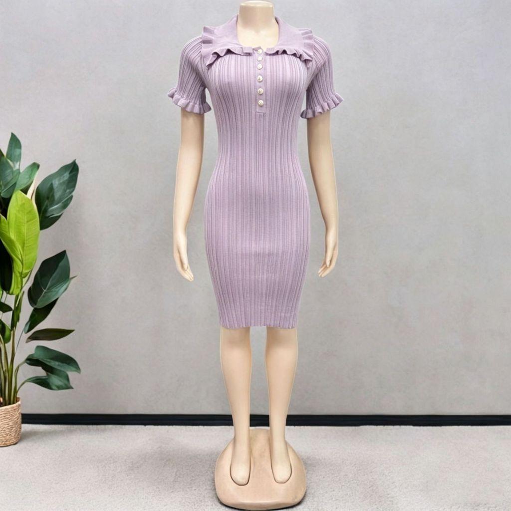 Vintage French Style Knit Dress With Puff Sleeves For Summer Casual Wear