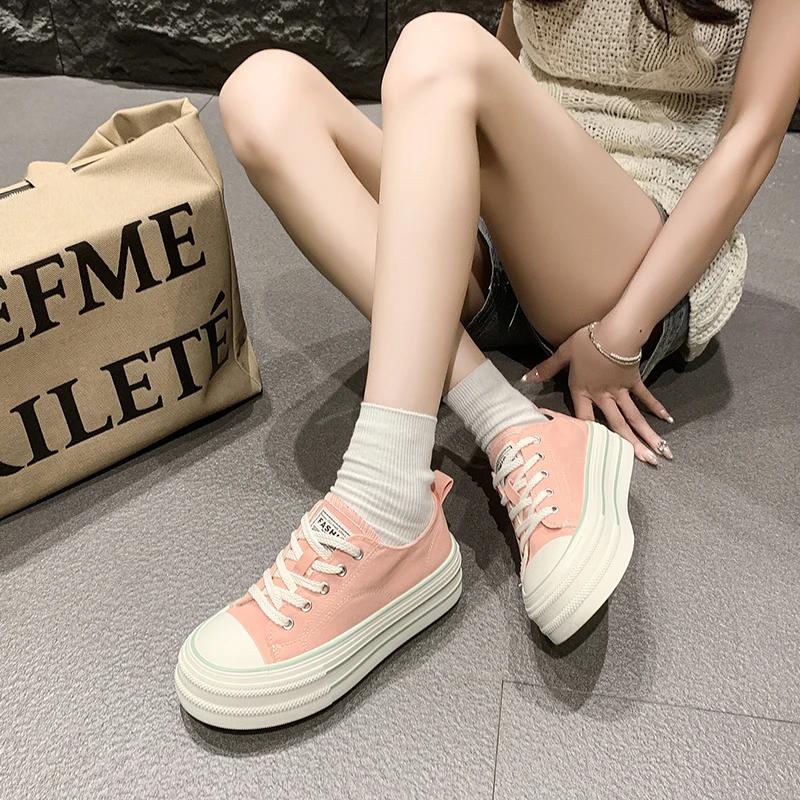 Classic White Canvas Shoes Women's Solid Lace-up Casual Thick-sole Shoes Platform Sneakers Fashionable Round-toe Walking Shoes