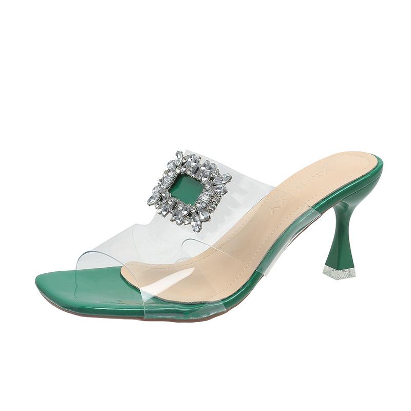 

Модные классные тапочки женские 2024 года на тонком каблуке со стразами и квадратной пряжкой, односложные, с открытым носком, прозрачные тапочки, повседневные босоножки на высоком каблуке 40