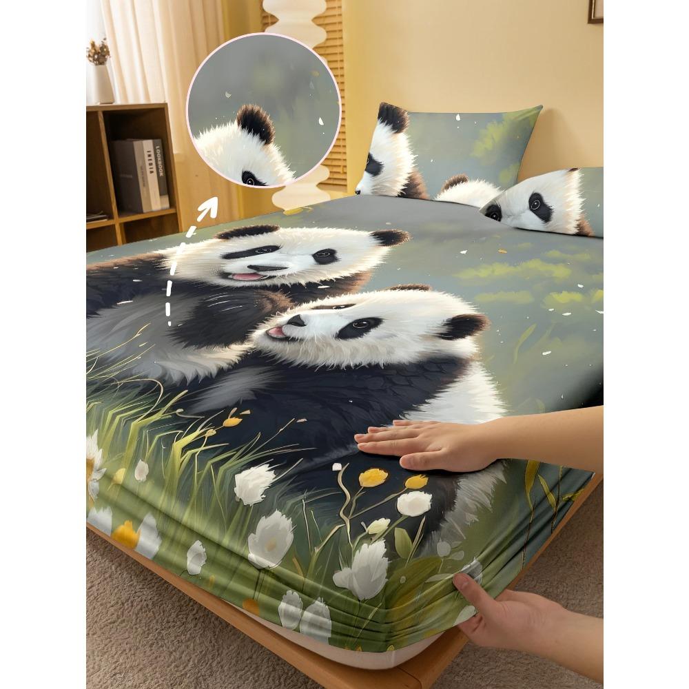 1 Cartoon Niedliches Tier Panda Digital Bedrucktes Mattiertes Spannbettlaken, Schlafzimmer Bedruckte Bettdecke, Bettwäsche(Kein Kissenbezug)