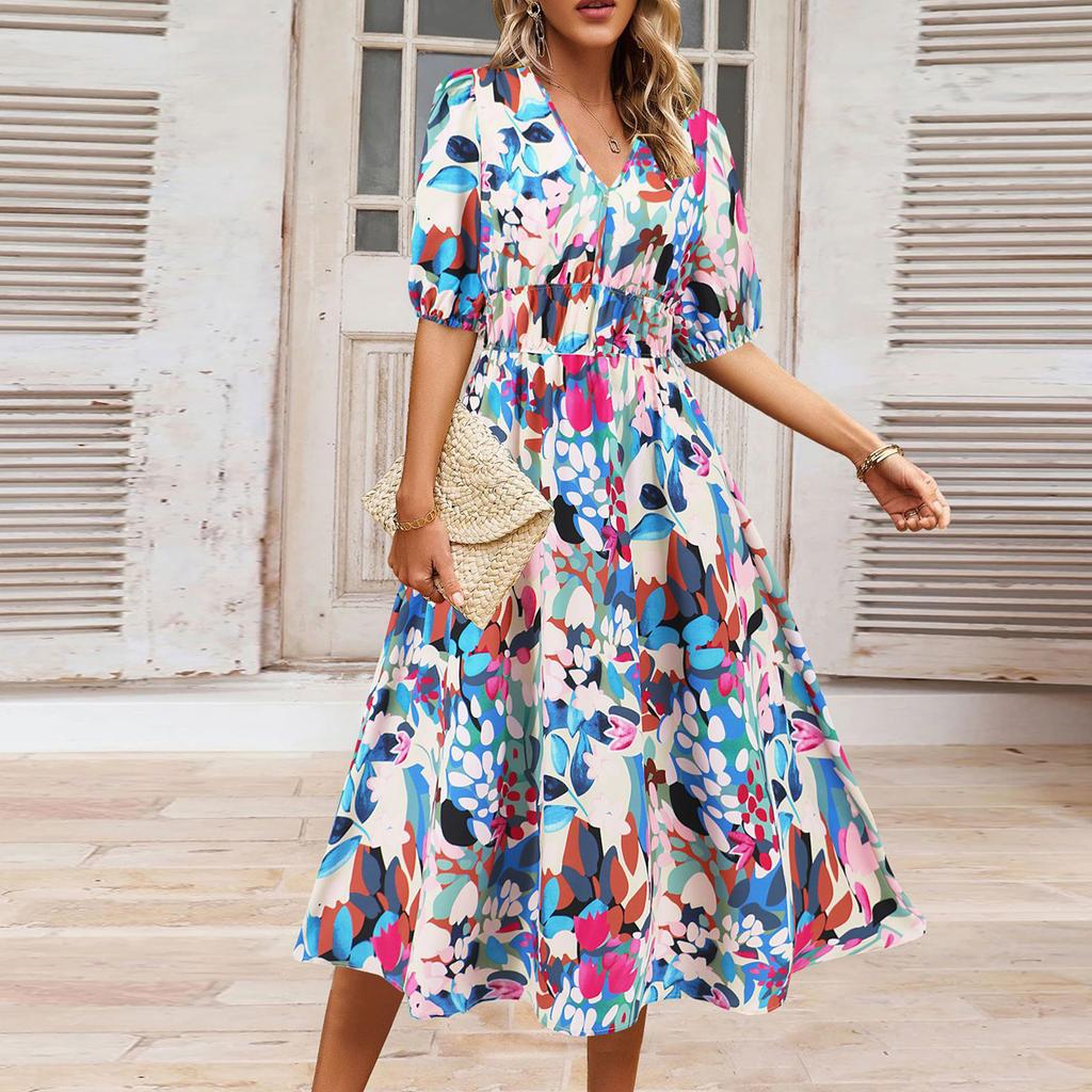 Women's V-Neck Bohemian Print Short Sleeve Dress A-Line Skirt