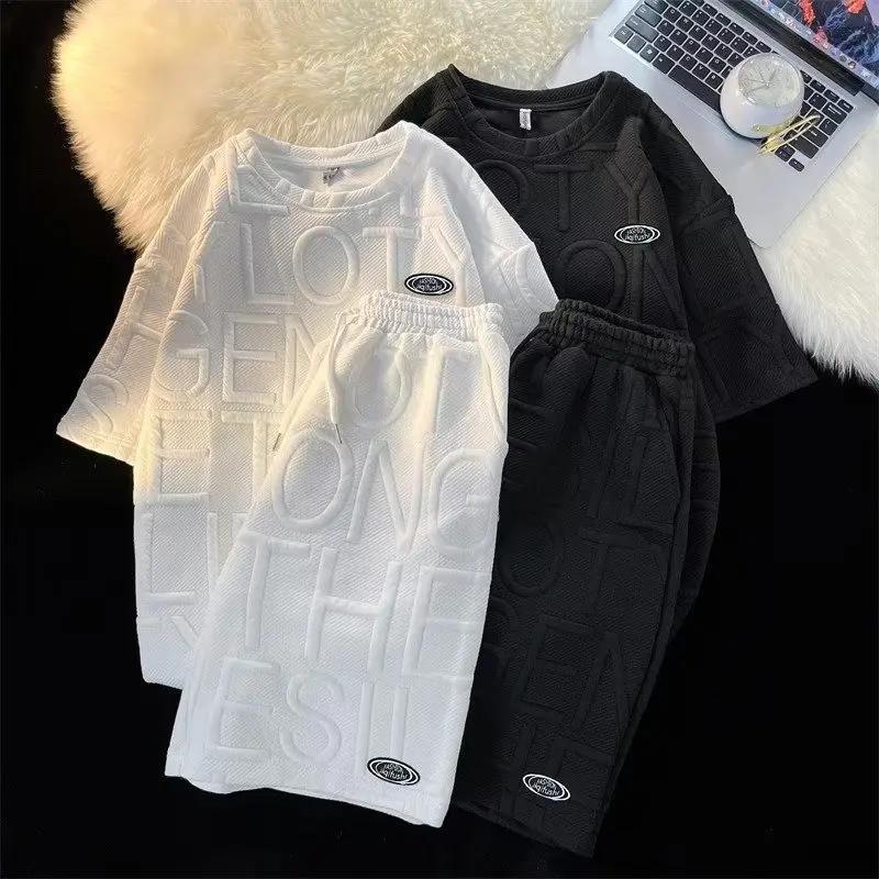 Costum Casual de Vară pentru Bărbați Set din Două Piese Stil Elegant Simplu Tricou Larg cu Mânecă Scurtă