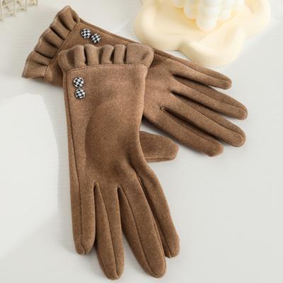 Luvas de decoração de botão elegante cor sólida babados luvas de dedo dividido inverno grosso quente à prova de frio luvas de tela de toque