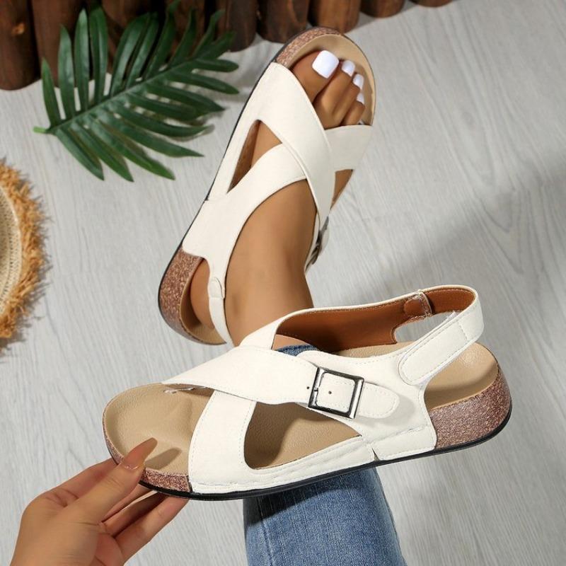 Damen Übergröße Neue Sommer Schnalle Peep Toe Flache Mode Europäisch Amerikanischer Stil Strand Kreuzriemen Sandalen