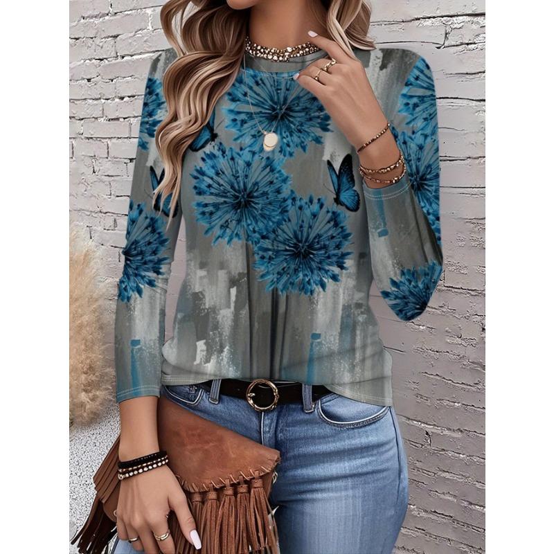 2026 New Women's Fashionable Long-Sleeved T-Shirt with Retro Floral Pattern, Perfect for Everyday Wear and Stylish Outfits