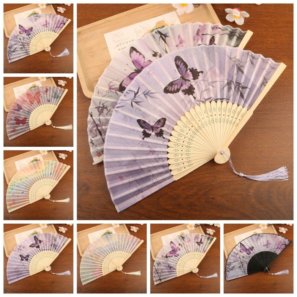 Elegant Silk Material Vintage Silk Folding Fan Chinese Style Bamboo Frame Hand Fan Vintage Dance Fan Home Decor