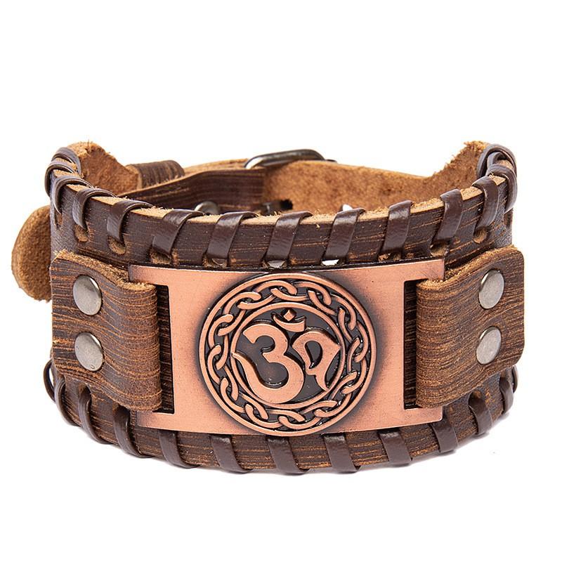 Vintage Viking Leather Bracelet With Compass Pendant Men Handmade Retro Style Adjustable Cuff Band