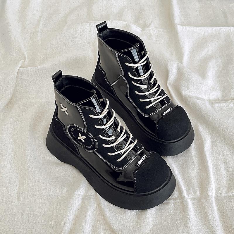 Stylish Single Boots Autumn New Round Toe Spliced Front Lace-Up Platform Anti-Slip Wear-Resistant Short Shoe