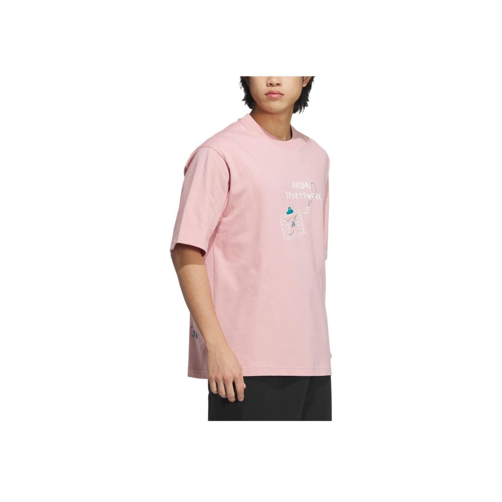 Adidas Letter Print Crew Neck Cotton Casual Loose Short Sleeve Drop Shoulder T-Shirt Men Tops Miracle-Purple Pink JP4580