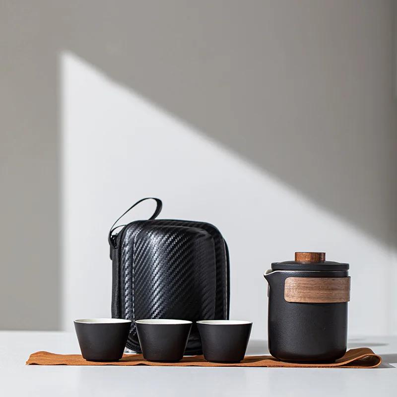 Travel Tea Set Ceramics Business Gift One Pot and Three Cups Outdoors Drinkware Cup Tools Teacup Portable China Sets Full Dining