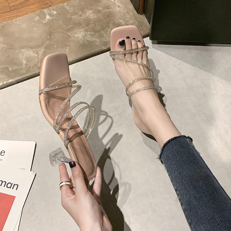 Sandale franțuzești cu toc gros și strasuri pentru femei, îmbrăcăminte de vară 2025, stil nou de zână, temperament high-end, sandale cu toc înalt