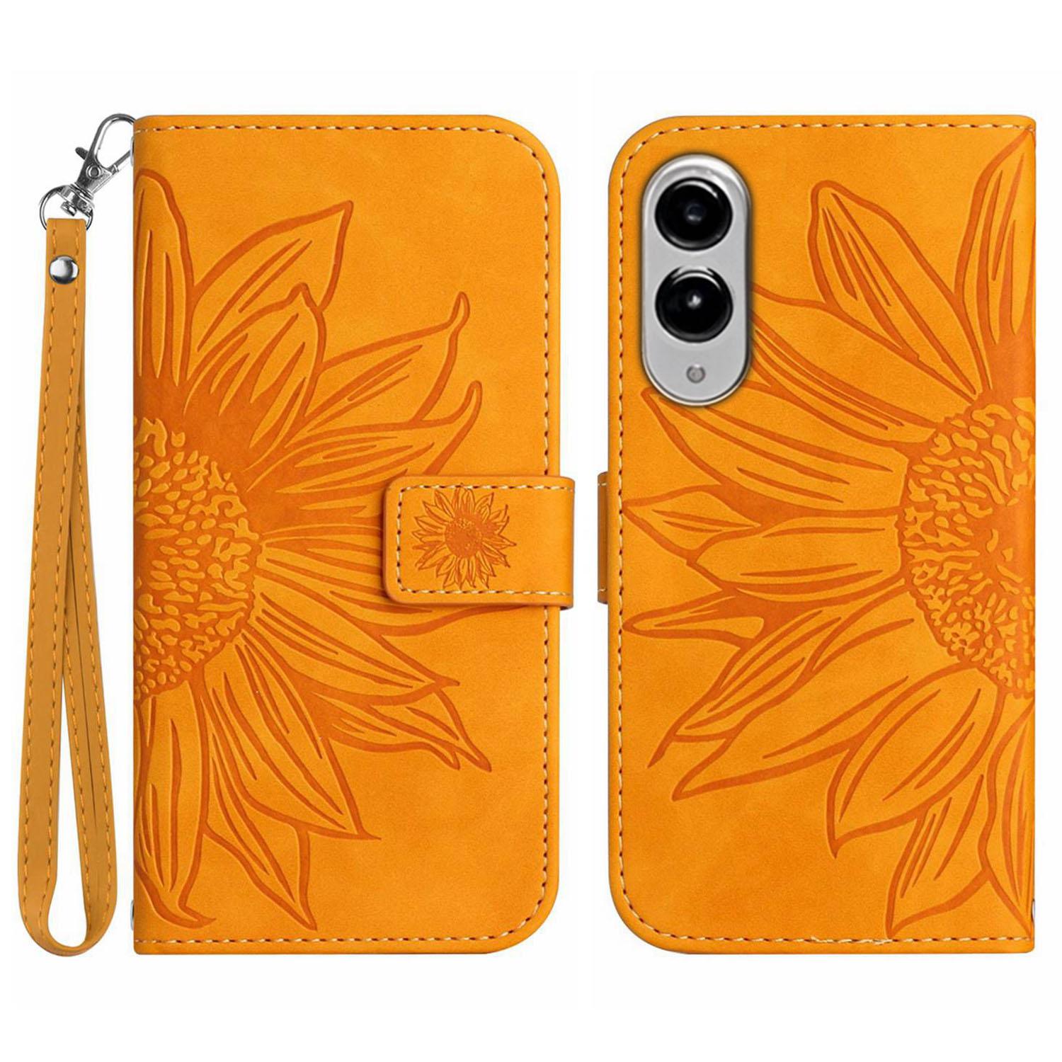 

For Samsung Galaxy S25 Edge Case Sunflower Imprint Leather Wallet Phone Cover with Wrist Strap Yellow