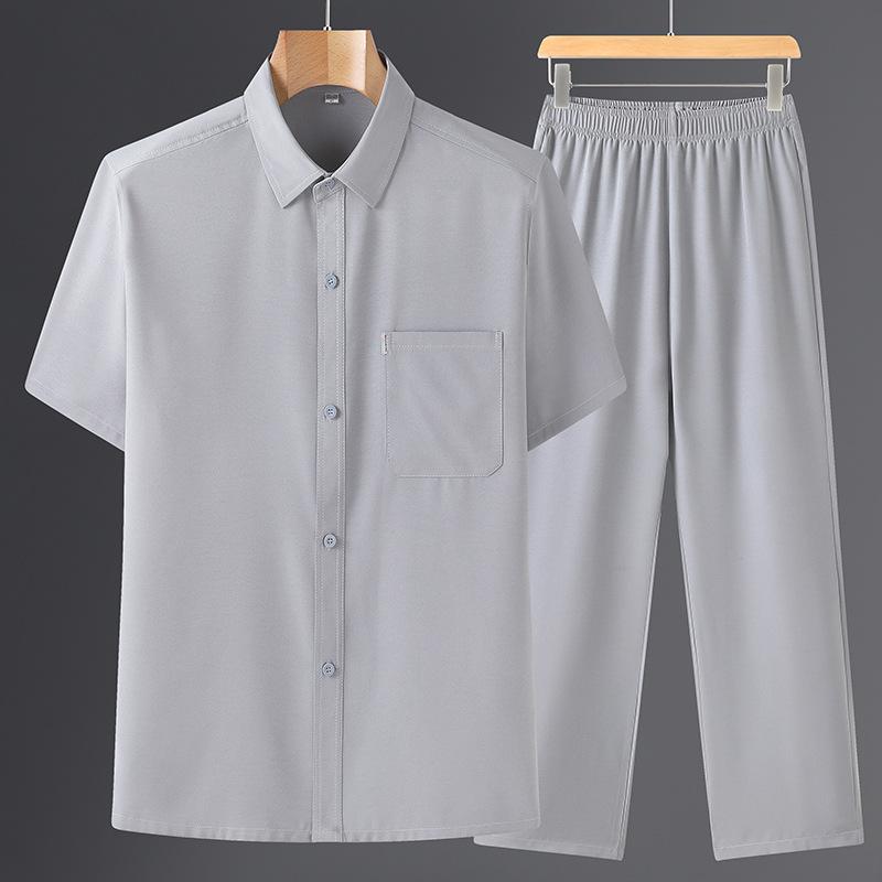 Men's Summer Comfortable Suit Middle-aged and Elderly Solid Color Simple Short-sleeved Shirt + Casual Pants Two-piece Set