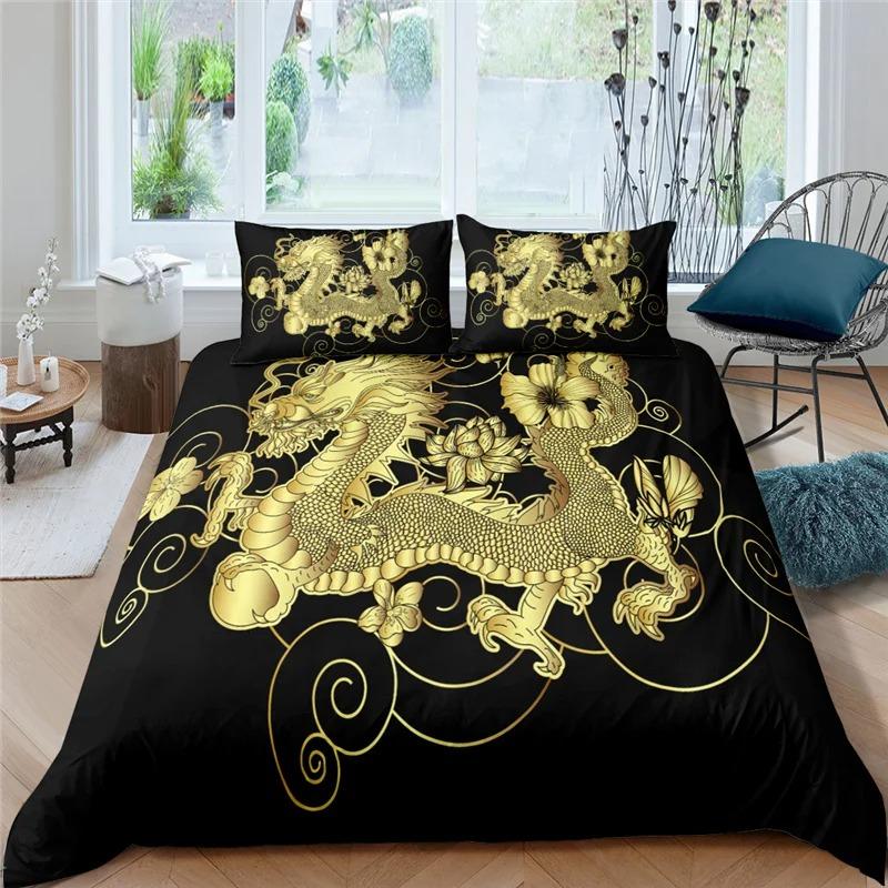 Comforter Dragon King Queen Japanese Exotic Bedding Set Ancient Mythical Animal Comforter 2/3Pcs Polyester
