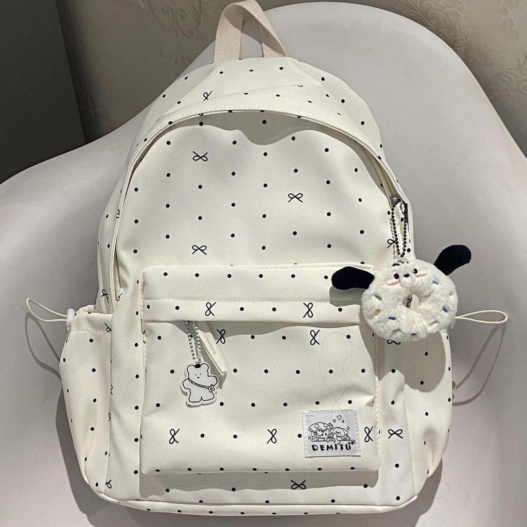 Koreanischer Rucksack mit Polka-Dot-Schleife für Damen, 2025 neu, vielseitiger Rucksack mit großem Fassungsvermögen, Schulrucksack für Studenten und Pendler