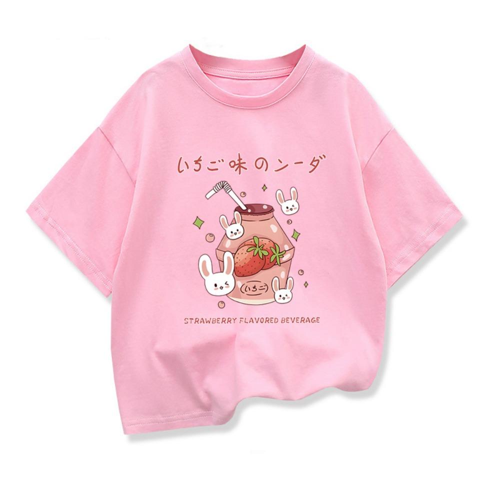 

2026 Summer New Kids Clothing Girls Strawberry Flavored Beverage Casual T-shirt Kids Short-Sleeve Graphic High-quality Tee Tops 110