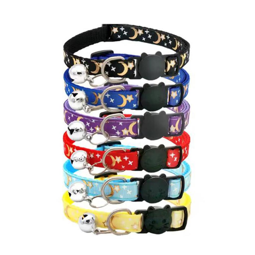 Cat Dog Collar Gold Color Stars and Moon Pet Collar with Bell and PP Material Separator Reflecting Safety Buckle Solid Safe