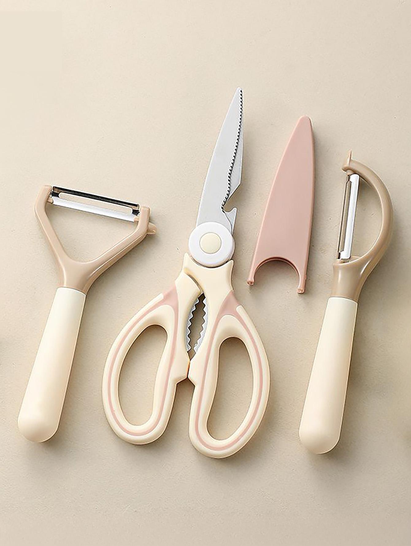 3-Piece Kitchen Tool Set - Pastel Beige  Multifunctional Scissors & Peeler for Cooking