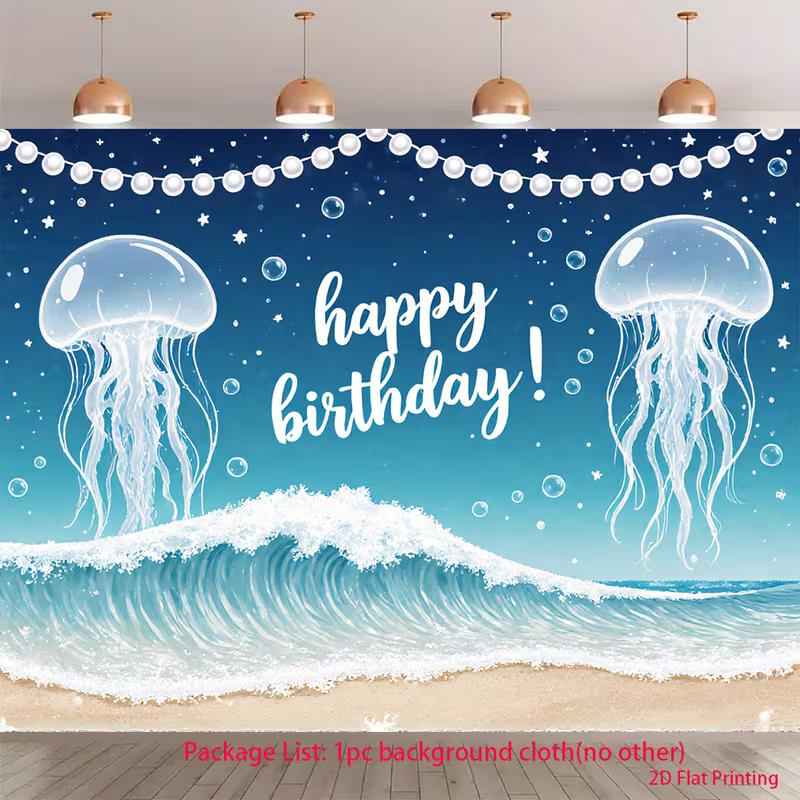 

2D Under the Sea Happy Birthday Backdrop Jellyfish Photography Background Banner 47.2x31.5inch/120*80cm