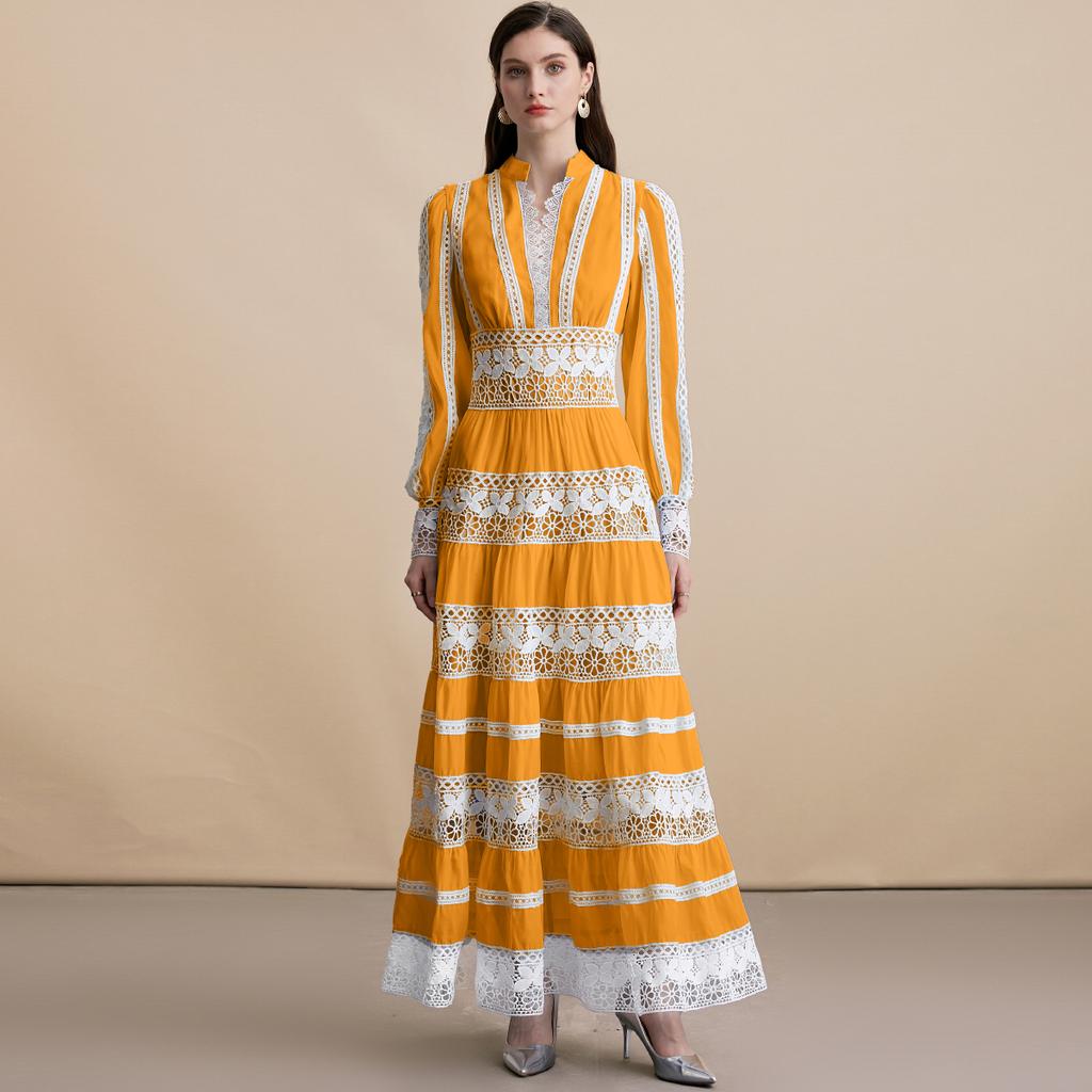 Dresses for Women Fashion Long Sleeve Stand Collar Women Dress Hollow Out A-LINE Dress Women Dresses